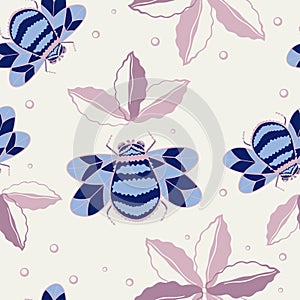 Vector bee seamless pattern. A bee flies to flowers and leaves.